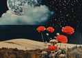 Minimalistic collage of a snowy mountain at night and red flowers. Starry night in the background. Surreal collage-style Royalty Free Stock Photo