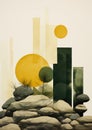 Minimalistic collage of stones, trees, and yellow circles in the sky on light background. Surreal collage-style