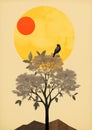 Minimalistic collage of tree with birds, yellow sun on light background. Surreal collage-style paintings