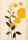 Minimalistic collage of tree branches and a yellow circles in the sky on neutral gray background. Surreal collage-style