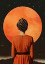 Minimalistic collage of a woman in orange dress looking to the orange planet and starry sky. Surreal collage-style