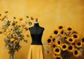 Minimalistic collage of yellow skirt and black top between sunflowers on yellow background. Surreal collage-style