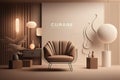 Minimalistic composition of elegant living room with creative armchair, pouf and stylish personal accessories Wallpaper Copy space Royalty Free Stock Photo