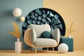 Minimalistic composition of elegant living room with creative armchair, pouf and stylish personal accessories Wallpaper Copy space Royalty Free Stock Photo