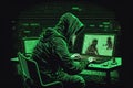 Minimalistic concept of alone hacker programmer surrounded by green programming codes in a dark ambient cyber space, sitting at a Royalty Free Stock Photo