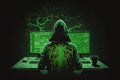 Minimalistic concept of alone hacker programmer surrounded by green programming codes in a dark ambient cyber space, sitting at a Royalty Free Stock Photo