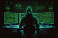 Minimalistic concept of alone hacker programmer surrounded by green programming codes in a dark ambient cyber space, sitting at a Royalty Free Stock Photo
