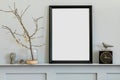 Minimalistic concept on the shelf with black mock up photo frame, dired flower in vase, black clock and elegant personal