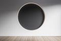 Minimalistic concrete interior with wooden flooring and abstract clean black round poster on wall. Mock up, 3D Rendering. Royalty Free Stock Photo