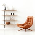 Minimalistic Corner Shelf With Tan Leather Lounge Chair Royalty Free Stock Photo