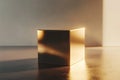 minimalistic cube in gold, gently rotating with soft lighting creating subtle reflections on its
