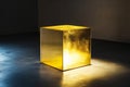 minimalistic cube in gold, gently rotating with soft lighting creating subtle reflections on its