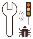 Wrench, Traffic Light, Sound Waves, and Bug Representing Tools, Signals, and Debugging Concepts Royalty Free Stock Photo
