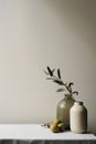 A light ceramic vase with an olive branch, a green glass vase, pears on a table covered with a white linen tablecloth.