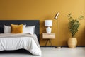 Scandinavian interior with mustard wall. A bedroom with a bedside table, lamp, plant. Generative AI