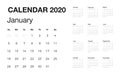 Minimalistic desk calendar 2020 year. Design of calendar with english name of months and day of weeks. Vector illustration Royalty Free Stock Photo