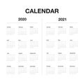 Minimalistic desk calendar 2020 and 2021 years. Design of calendar with english name of months and day of weeks. Vector