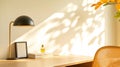 Minimalistic Desk with Lamp Books and Perfume with Soft Light. Generative AI