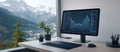 minimalistic desk setup with computer displaying financial data and mountain view