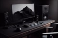 a minimalistic desk with a sleek black computer and gaming accessories