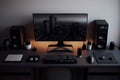 a minimalistic desk with a sleek black computer and gaming accessories