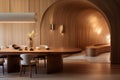 Minimalistic Dining Room with Abstract Wooden Arched Design. Generative ai