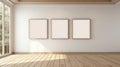 Minimalistic Drawings: Three Empty Frames On White Wood Floor