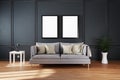 minimalistic elegant living room interior with single vintage sofa in front of dark grey wall copy space white posters canvas 3D Royalty Free Stock Photo