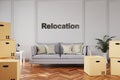 Minimalistic elegant living room interior with stacks of moving boxes and vintage sofa in front of relocation lettering; 3D