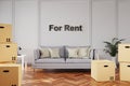 Minimalistic elegant living room interior with stacks of moving boxes and vintage sofa in front of for rent lettering; 3D