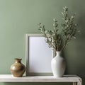 Interior with white wooden picture photo frame on table. Olive twig in vintage silver vase, jug created with Generative AI. Royalty Free Stock Photo