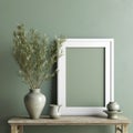 Interior with white wooden picture photo frame on table. Olive twig in vintage silver vase, jug created with Generative AI.