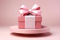 Minimalistic exhibit design: White podium, pink gift box, pastel ribbon bow, isolated. Royalty Free Stock Photo