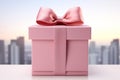 Minimalistic exhibit design: White podium, pink gift box, pastel ribbon bow, isolated. Royalty Free Stock Photo