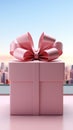 Minimalistic exhibit design: White podium, pink gift box, pastel ribbon bow, isolated. Royalty Free Stock Photo