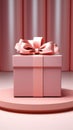 Minimalistic exhibit design: White podium, pink gift box, pastel ribbon bow, isolated. Royalty Free Stock Photo