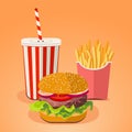 Fast food. minimalistic flat vector illustration of tasty burger, cold drink and fries