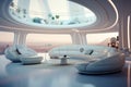 Minimalistic futuristic interior design. White couches and walls. Spaceship style. AI Generated