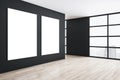 Minimalistic gallery interior with three blank white banners Royalty Free Stock Photo