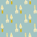 Minimalistic garden tool seamless pattern. Shovel and rake silhouettes in yellow tones on blue background