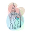 Minimalistic gothic cathedral in line style with colorful stained-glass rosette window on a transparent delicate