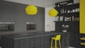 Minimalistic gray kitchen with wooden and yellow details, minima Royalty Free Stock Photo