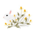 Minimalistic gray rabbit in wild flowers daisies drawn in the style of doodle.