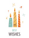 Minimalistic Greeting card with three candles and Best Wishes text in Vintage design style. Mid Century Modern Vector