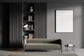 Minimalistic grey living room interior with sofa, bookcase and mock up poster Royalty Free Stock Photo