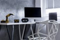 Minimalistic grey room interior with robot