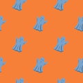 Minimalistic halloween print with ghosts seamless pattern. Blue spooky print on orange background