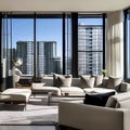 A minimalistic, high-rise apartment with floor-to-ceiling windows, sleek furniture, and a skyline view3, Generative AI Royalty Free Stock Photo