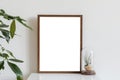 Minimalistic home interior with mock up photo frame on the brown table with composition of cacti and succulents. Royalty Free Stock Photo