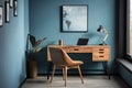 Minimalistic home office with wooden desk, items for work, chair and green plant blue walls. Generative AI Royalty Free Stock Photo